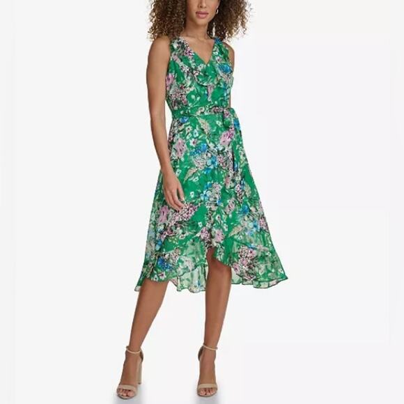 Kensie Women's Floral-Print Ruffled Sleeveless Midi Dress Green Sz 2 NWT - Picture 1 of 8